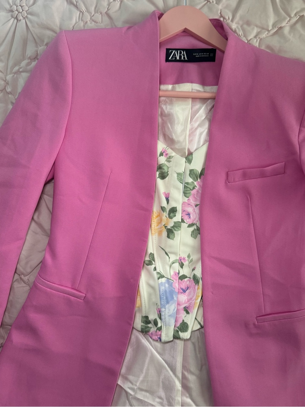Zara Pink Collarless Fitted Blazer Sz M
